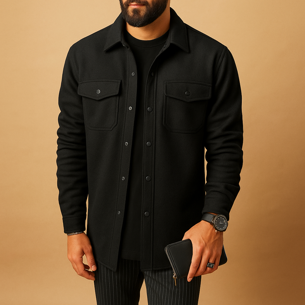 Men's Soft Flannel Layering Shirt with Classic Collar - Black