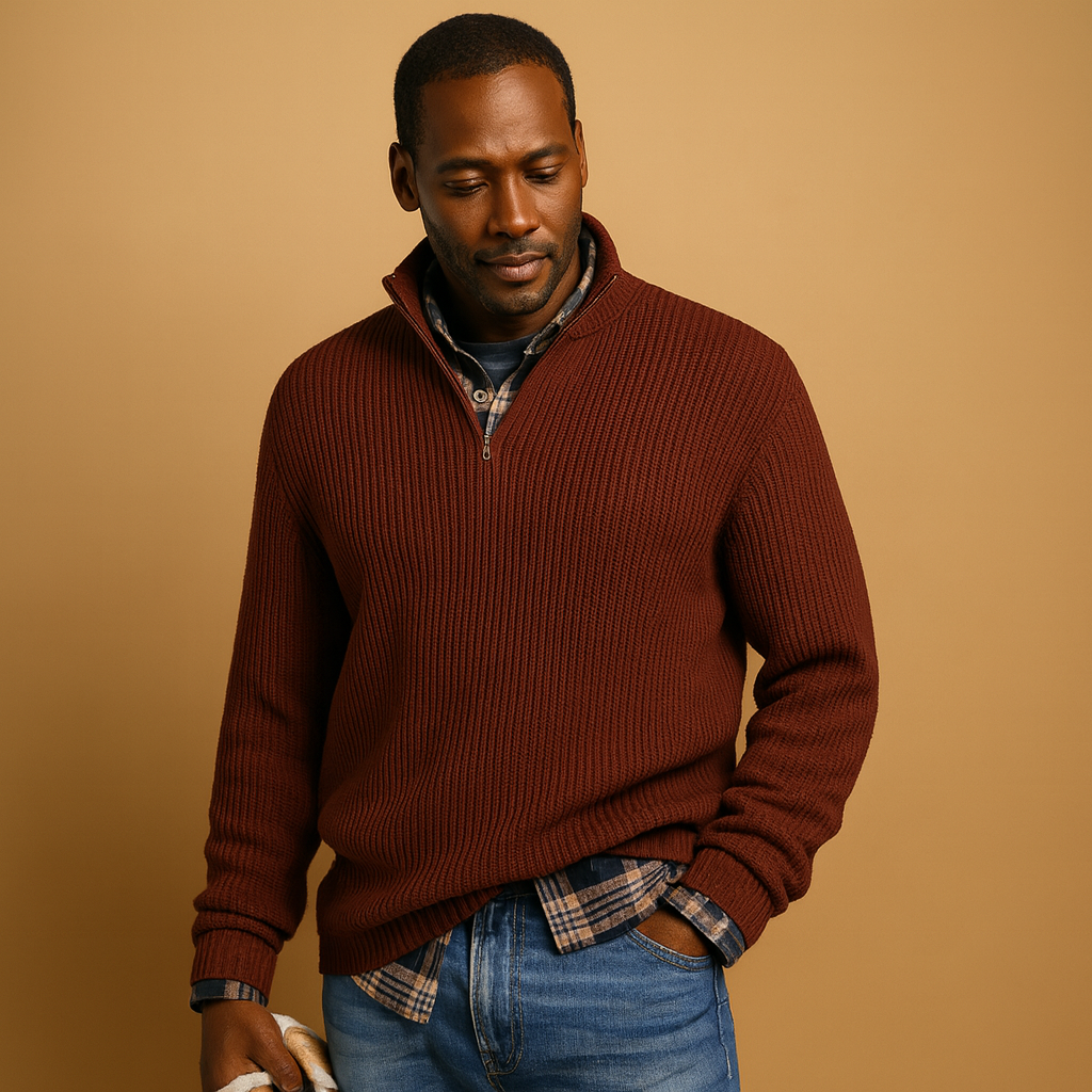 Men's Chunky-Rib Wool Quarter-Zip Jumper with High Neck - Wine Red