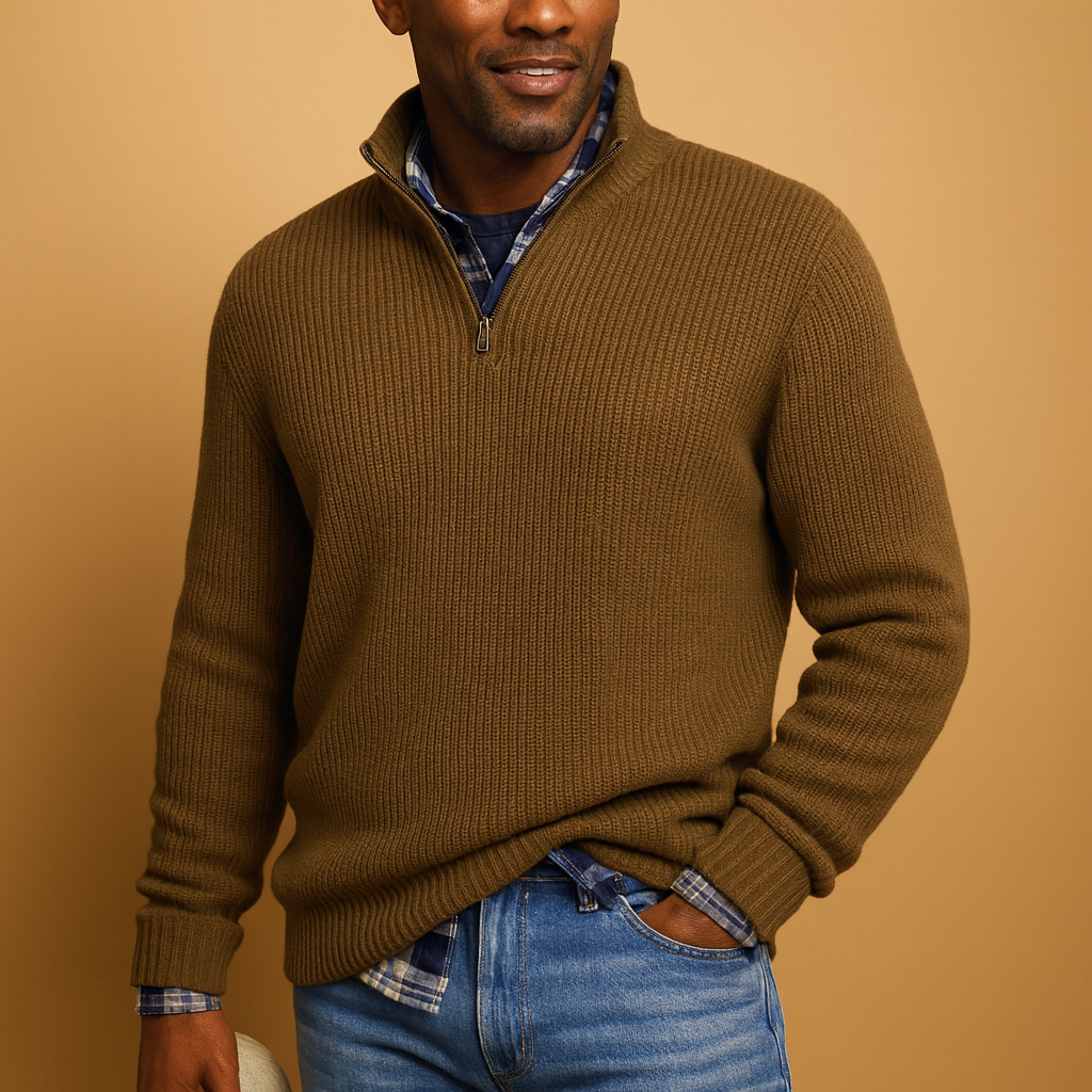 Men's Chunky-Rib Wool Quarter-Zip Jumper with High Neck - Brown