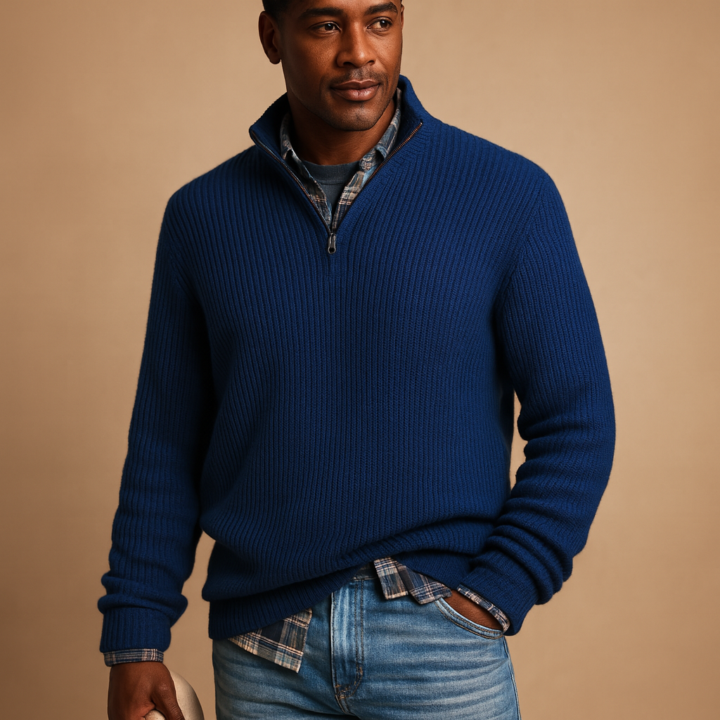 Men's Chunky-Rib Wool Quarter-Zip Jumper with High Neck - Dark Blue