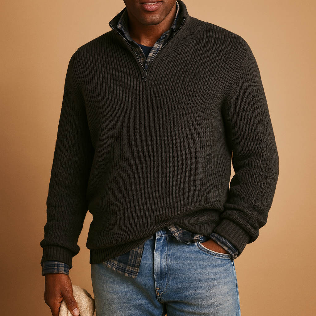 Men's Chunky-Rib Wool Quarter-Zip Jumper with High Neck - Black
