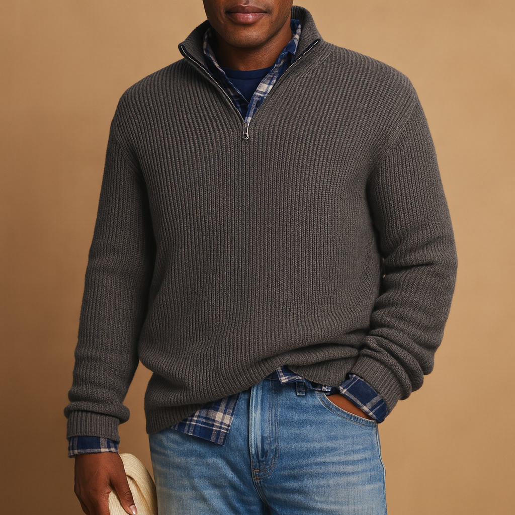 Men's Chunky-Rib Wool Quarter-Zip Jumper with High Neck - Grey