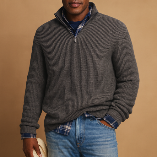Men's Chunky-Rib Wool Quarter-Zip Jumper with High Neck - Grey