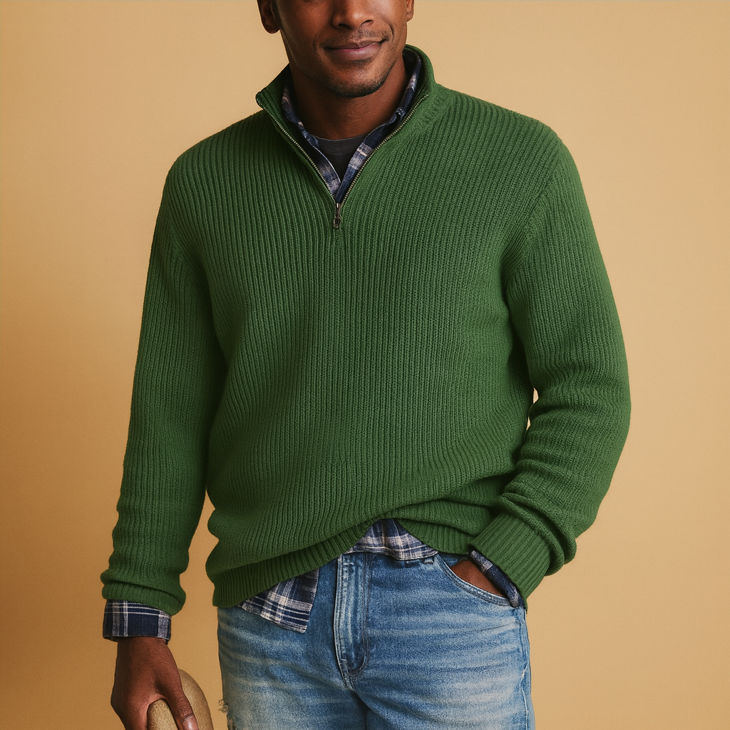 Men's Chunky-Rib Wool Quarter-Zip Jumper with High Neck - Green