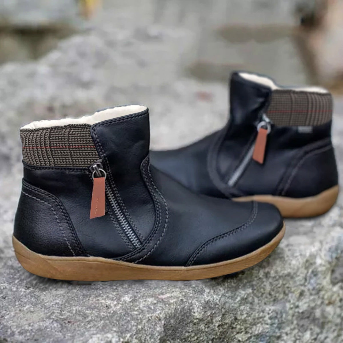 Women's Cushioned Waterproof Ankle Boots with Pull-Tab Zip - Black