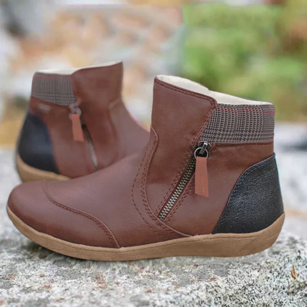 Women's Cushioned Waterproof Ankle Boots with Pull-Tab Zip - Brown