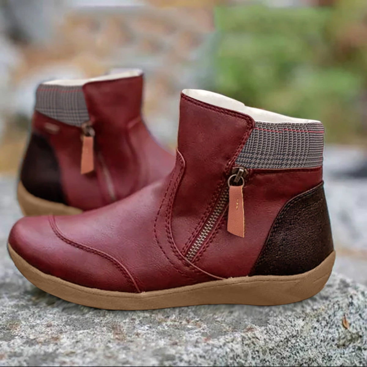 Women's Cushioned Waterproof Ankle Boots with Pull-Tab Zip - Red