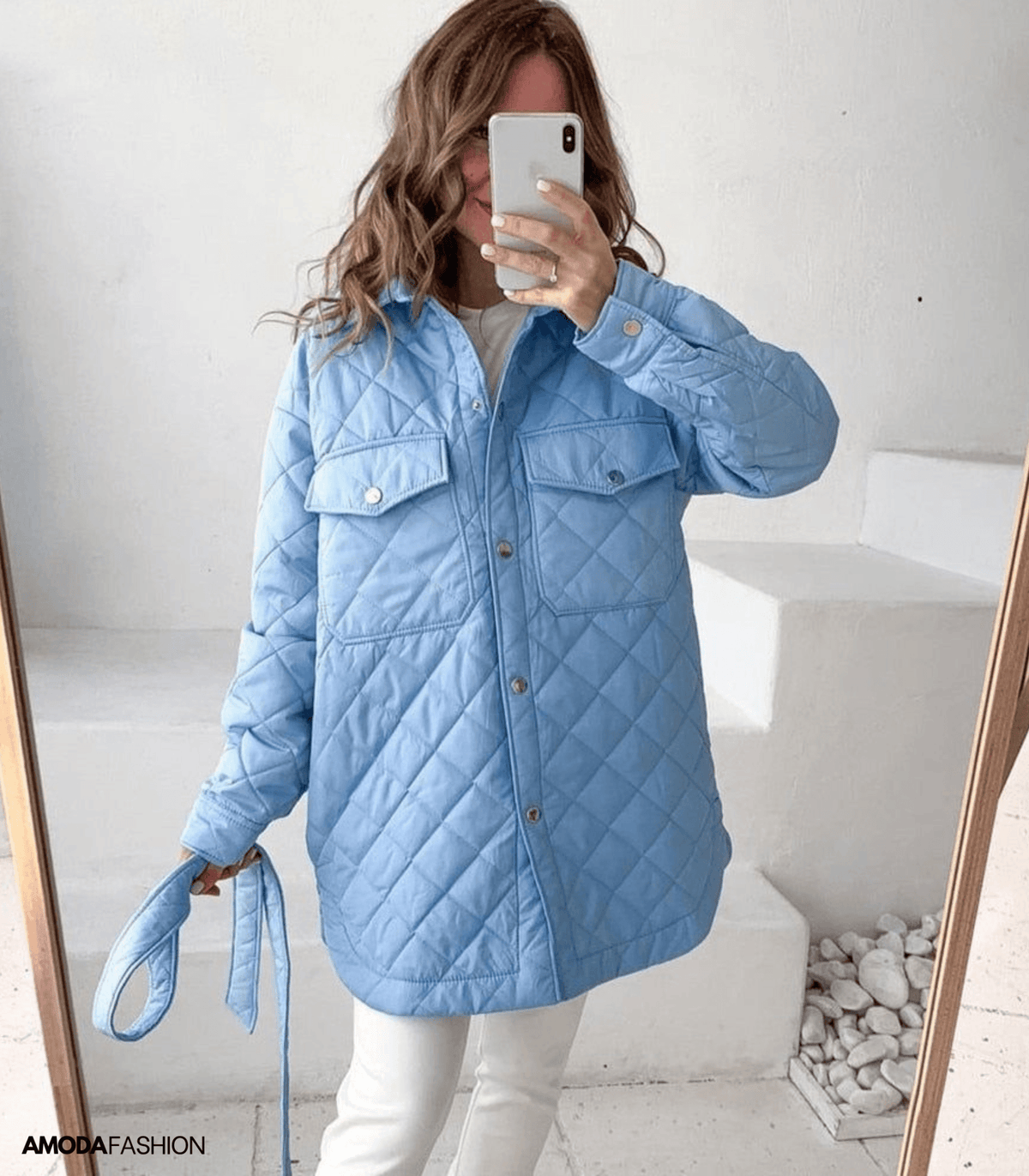Women's Oversized Diamond-Quilted Jacket with Press Studs and Belt - Sky Blue