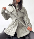 Women's Oversized Diamond-Quilted Jacket with Press Studs and Belt - Light Grey