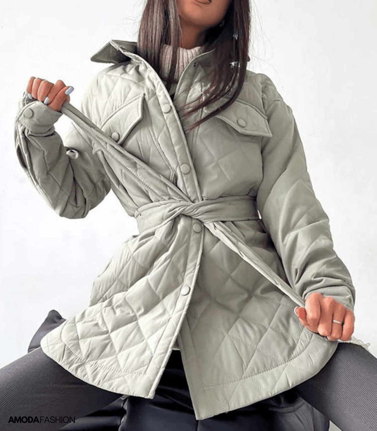 Women's Oversized Diamond-Quilted Jacket with Press Studs and Belt - Light Grey