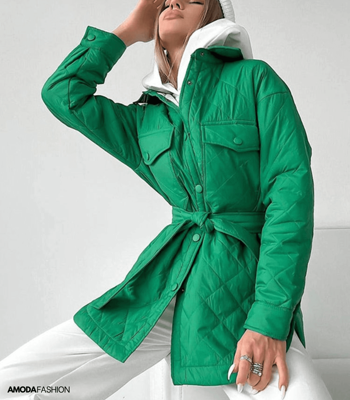 Women's Oversized Diamond-Quilted Jacket with Press Studs and Belt - Green