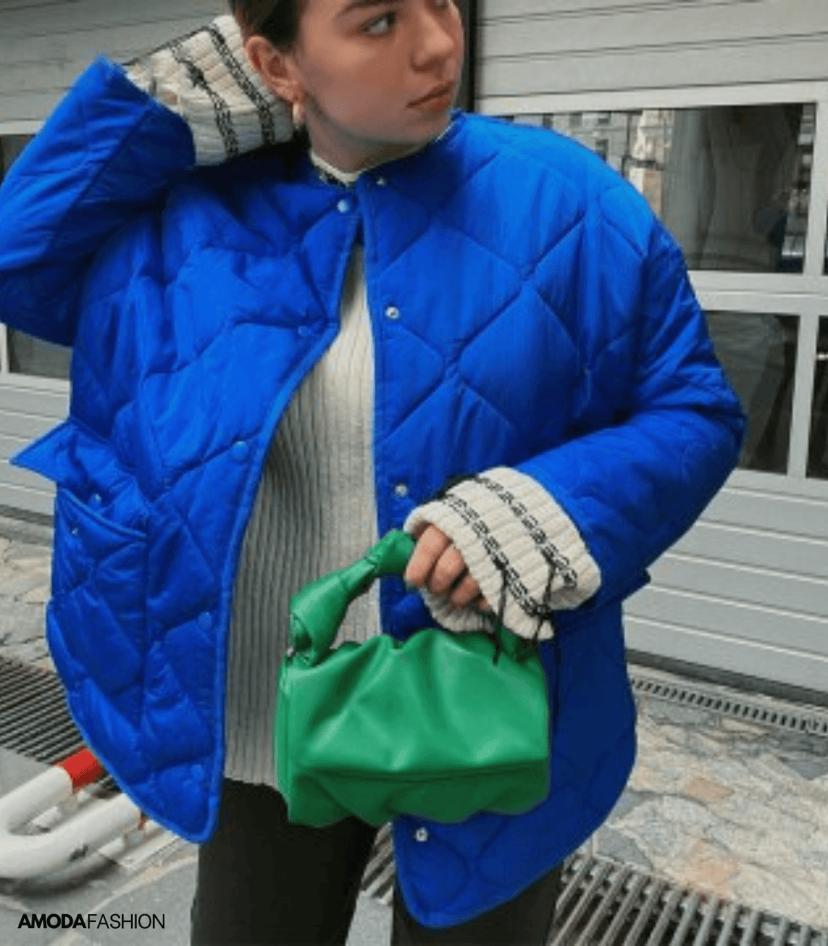 Women's Oversized Diamond-Quilted Jacket with Press Studs and Belt - Dark Blue