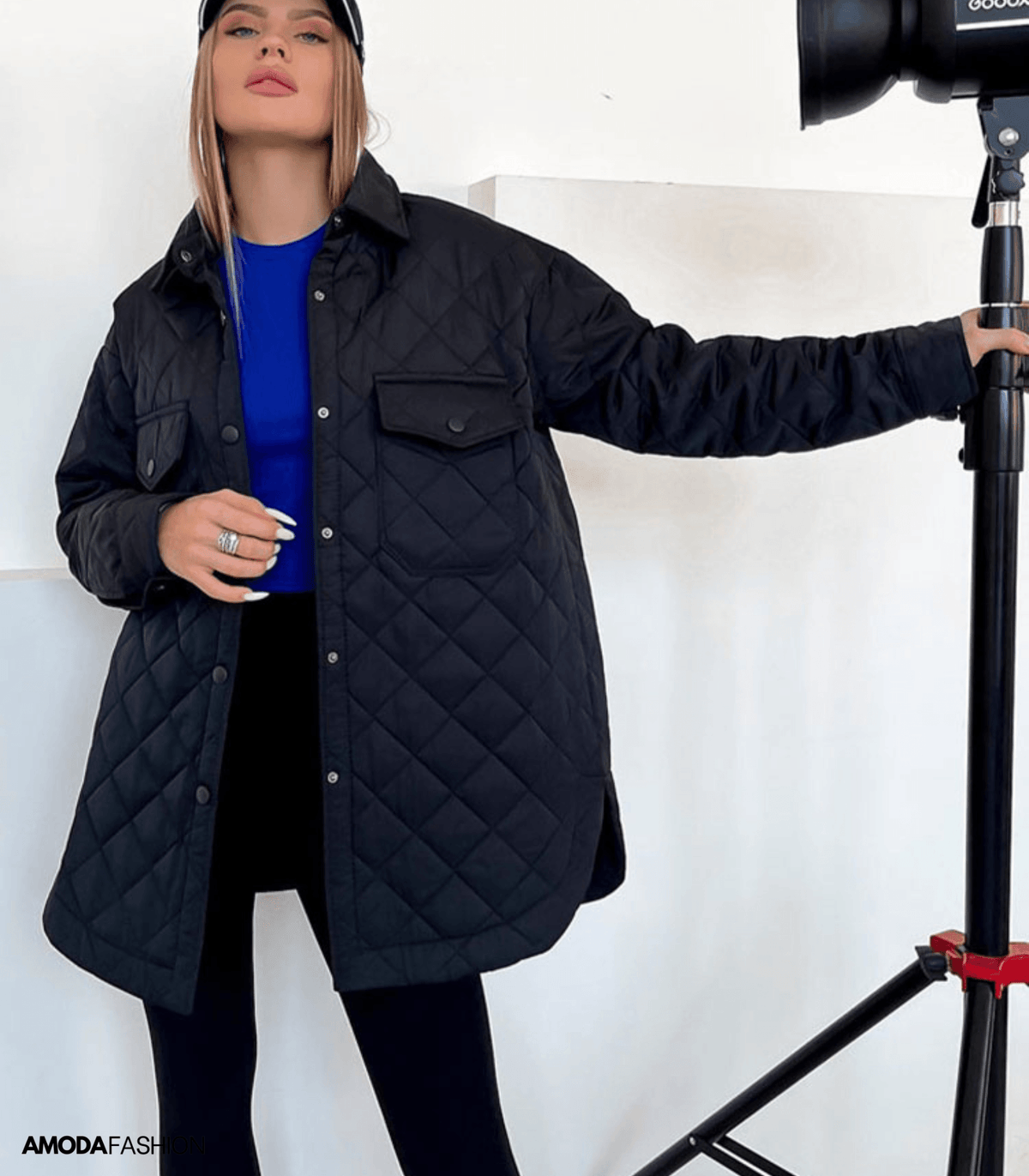 Women's Oversized Diamond-Quilted Jacket with Press Studs and Belt - Black