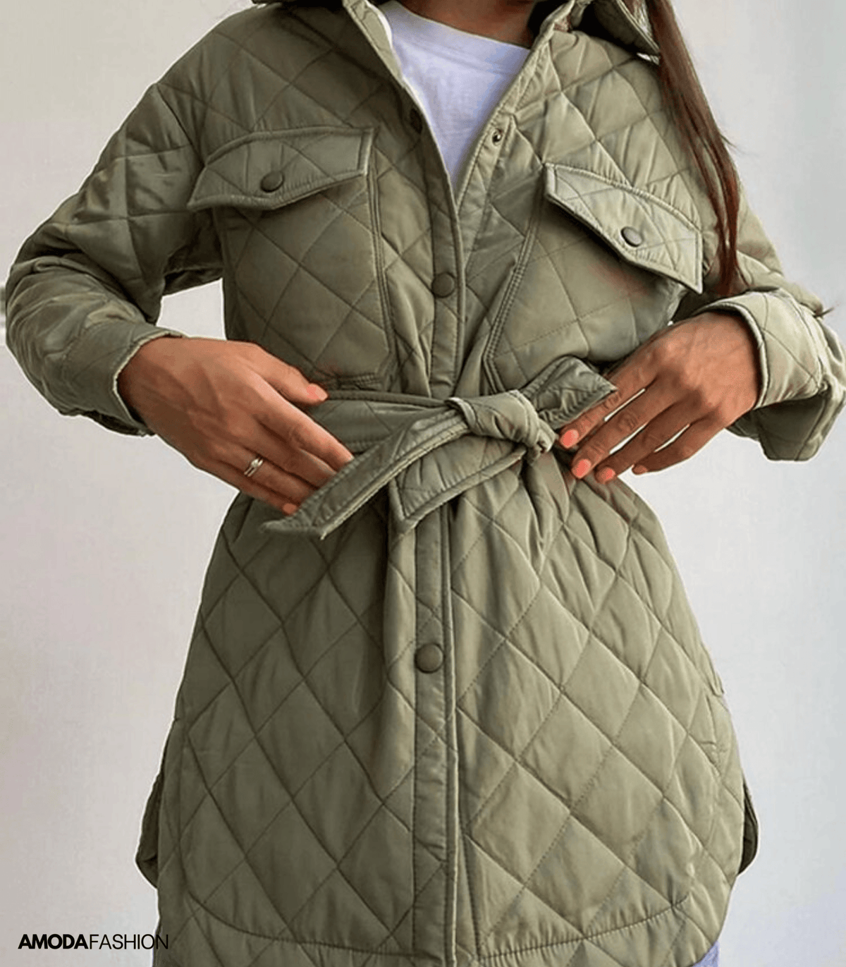 Women's Oversized Diamond-Quilted Jacket with Press Studs and Belt - Olive Green