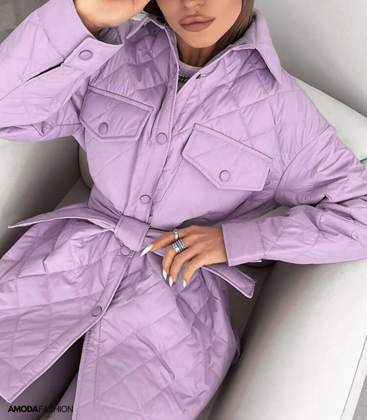 Women's Oversized Diamond-Quilted Jacket with Press Studs and Belt - Light Purple