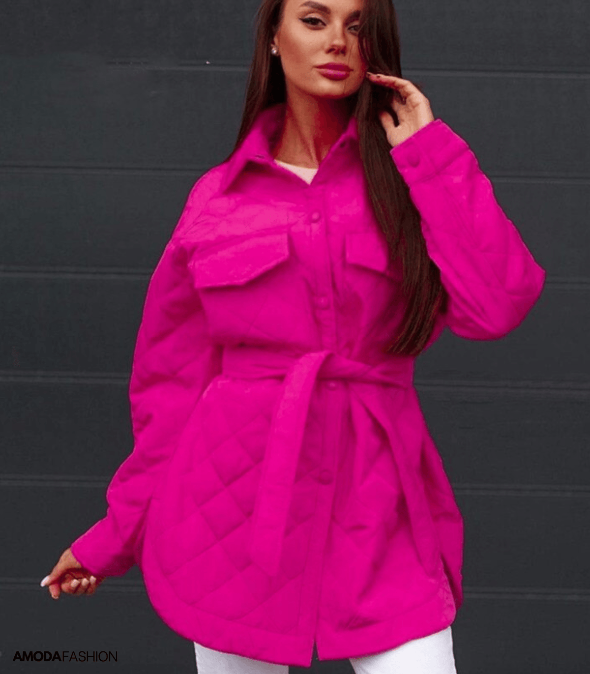 Women's Oversized Diamond-Quilted Jacket with Press Studs and Belt - Hot Pink