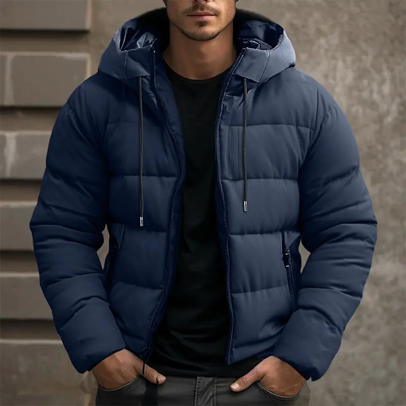 Men's Raised-Neck Padded Commuter Jacket with Drawstring Hood - Dark Blue