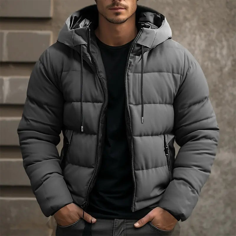 Men's Raised-Neck Padded Commuter Jacket with Drawstring Hood - Grey