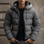 Men's Raised-Neck Padded Commuter Jacket with Drawstring Hood - Grey