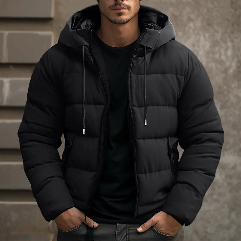 Men's Raised-Neck Padded Commuter Jacket with Drawstring Hood - Black