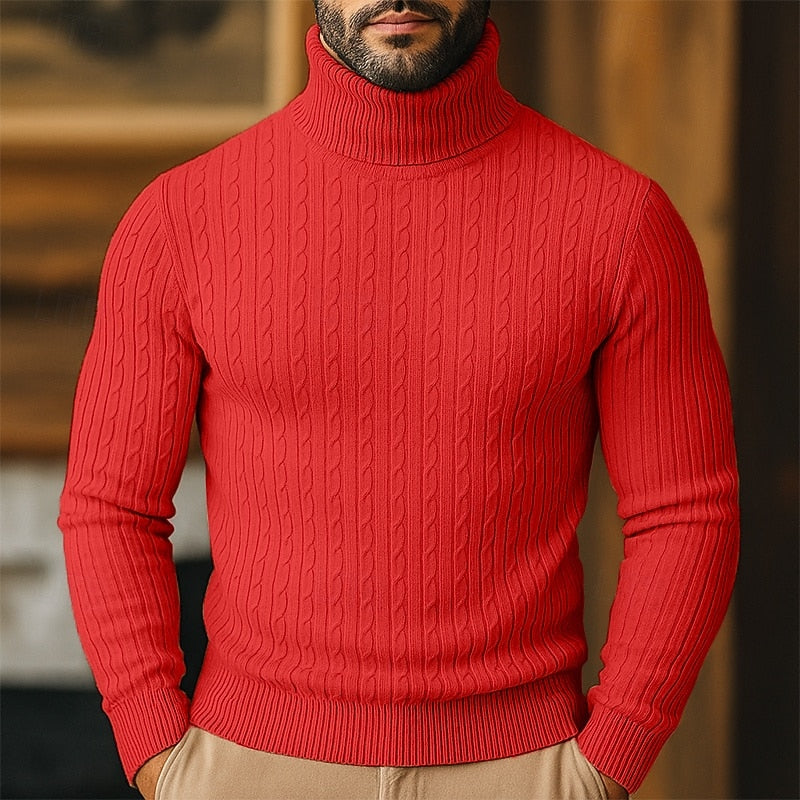 Men's Close-Cut Twisted Cable Roll Neck Jumper - Red