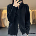 Women's Tall-Neck Wool Zip Cardigan with Roomy Fit and Pockets - Black
