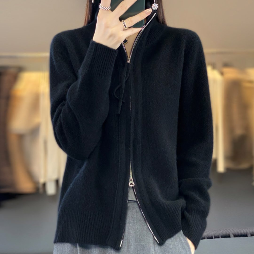 Women's Tall-Neck Wool Zip Cardigan with Roomy Fit and Pockets - Black