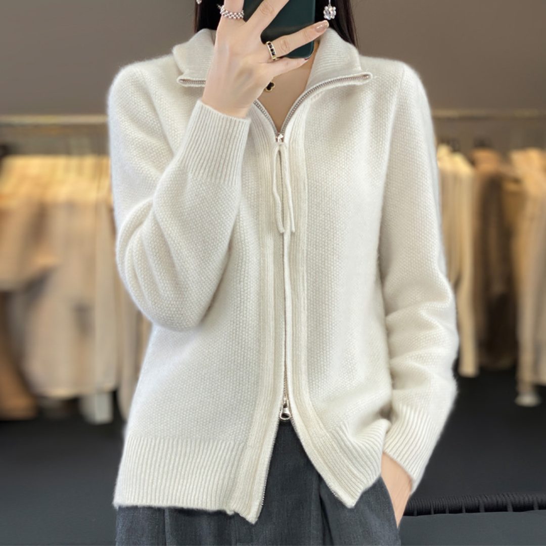 Women's Tall-Neck Wool Zip Cardigan with Roomy Fit and Pockets - White
