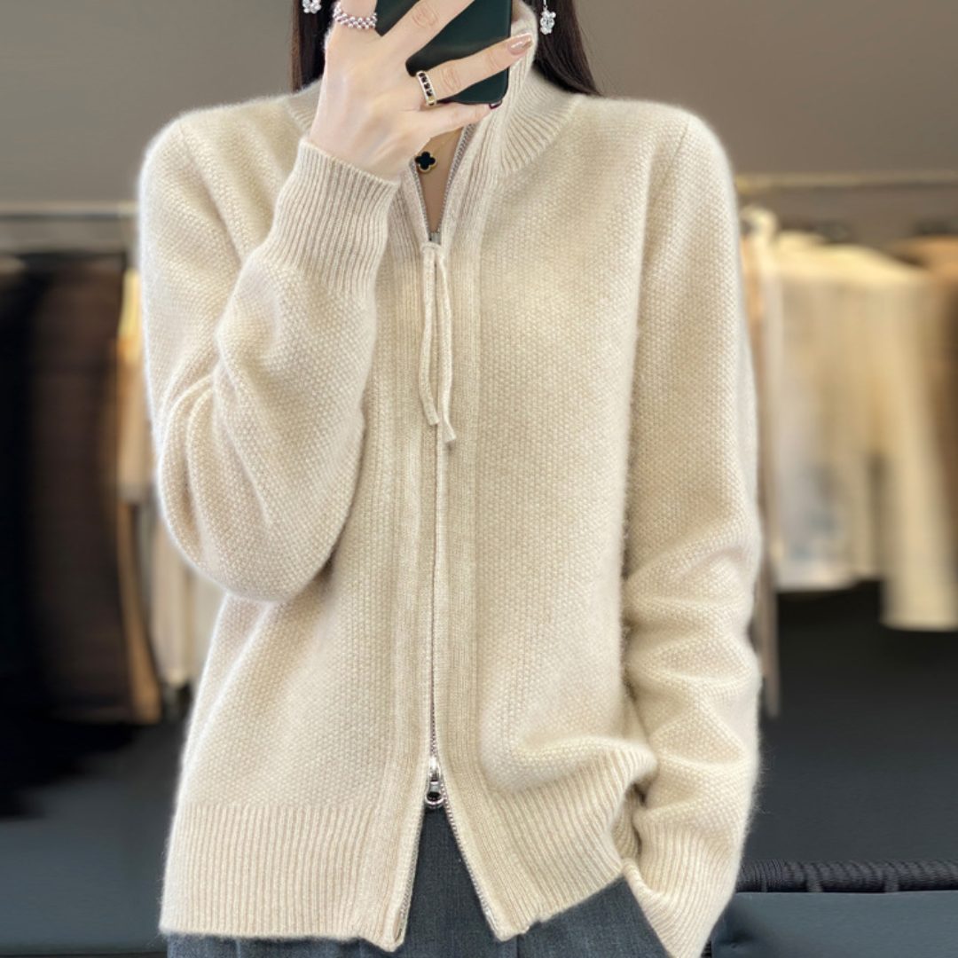 Women's Tall-Neck Wool Zip Cardigan with Roomy Fit and Pockets - Beige