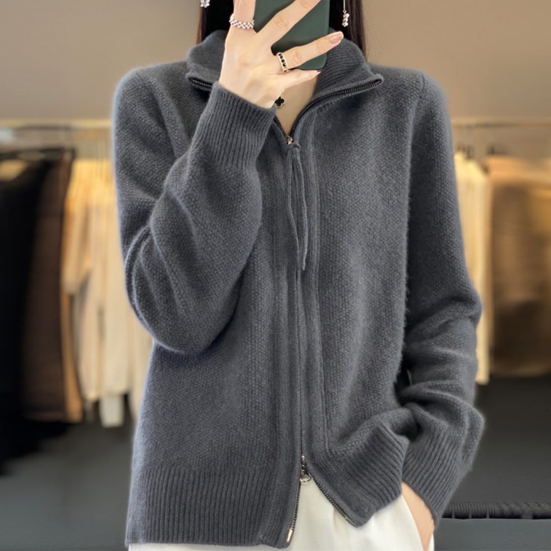 Women's Tall-Neck Wool Zip Cardigan with Roomy Fit and Pockets - Dark Grey