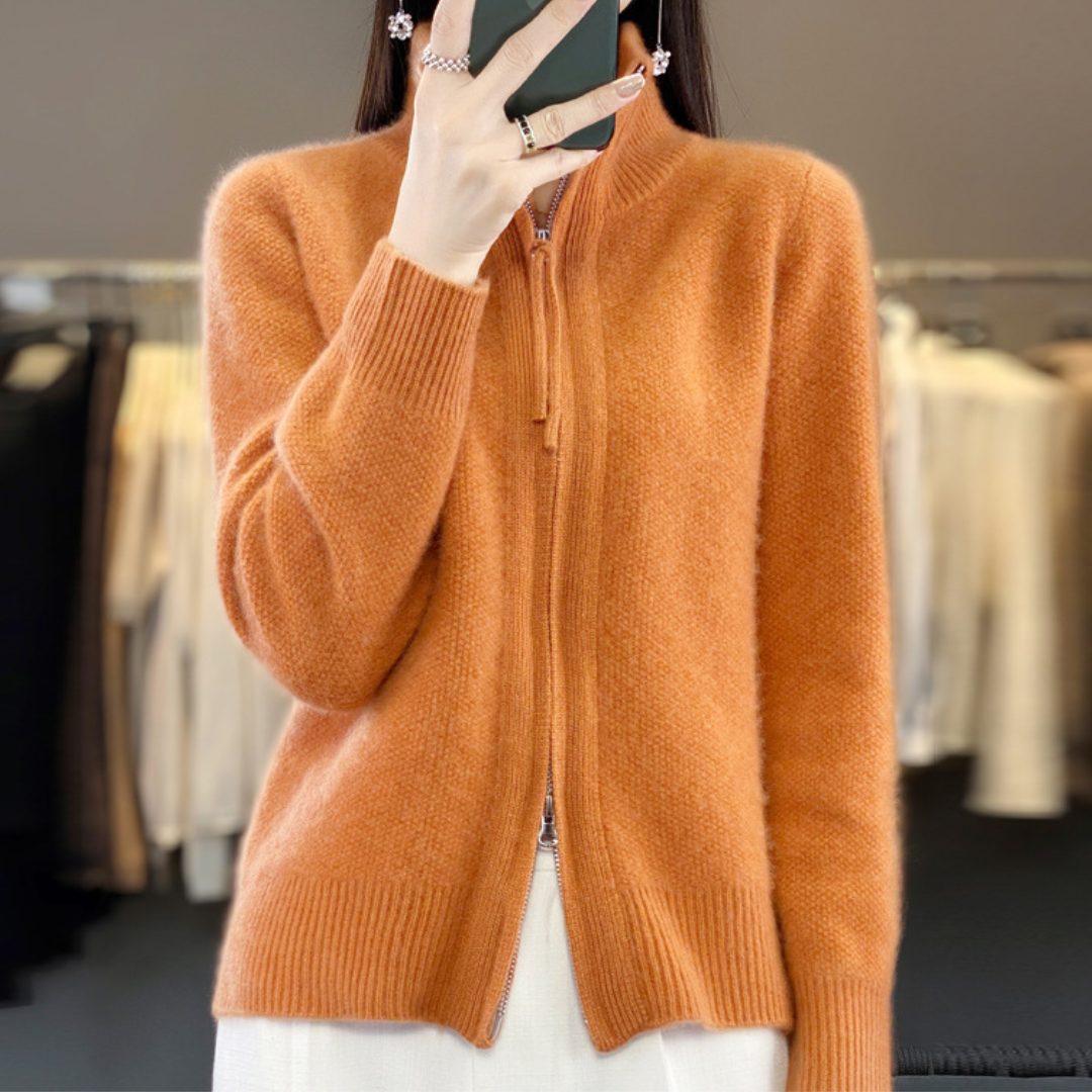 Women's Tall-Neck Wool Zip Cardigan with Roomy Fit and Pockets - Orange