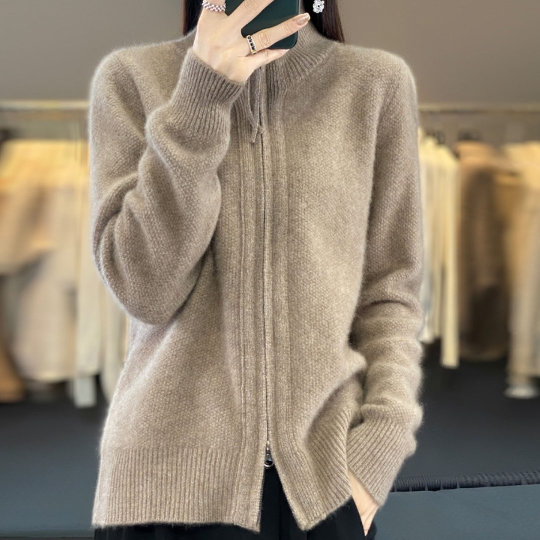 Women's Tall-Neck Wool Zip Cardigan with Roomy Fit and Pockets - Taupe