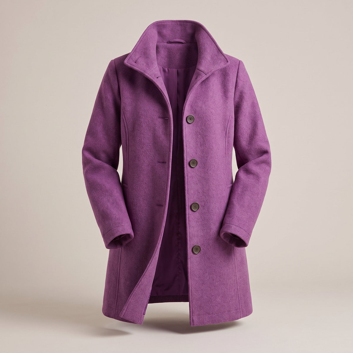 Women's Clean-Line Buttoned Smart Coat with Wool-Look Finish - Purple