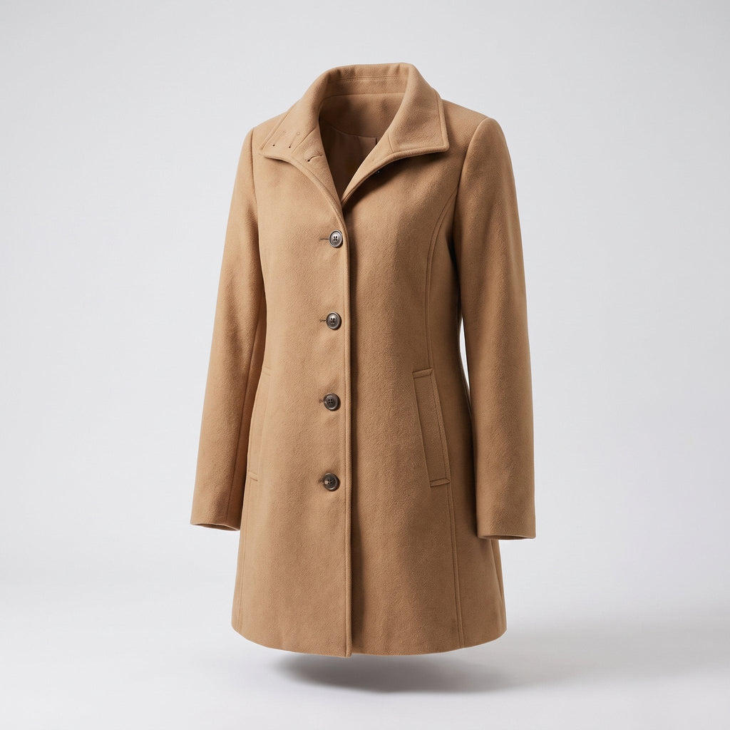 Women's Clean-Line Buttoned Smart Coat with Wool-Look Finish - Brown