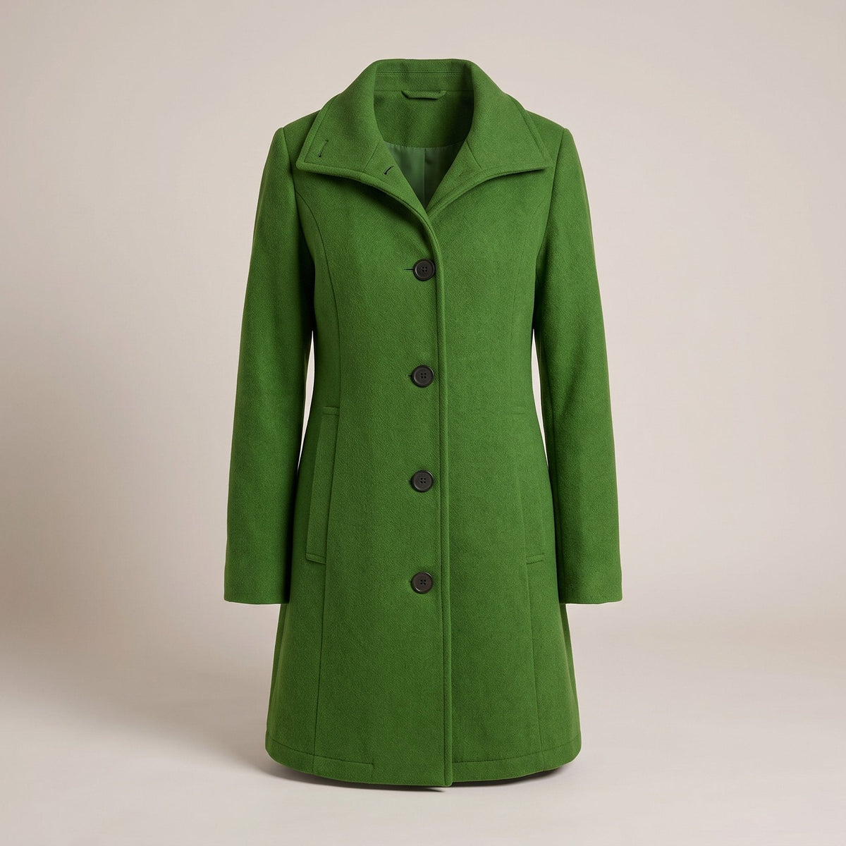Women's Clean-Line Buttoned Smart Coat with Wool-Look Finish - Green