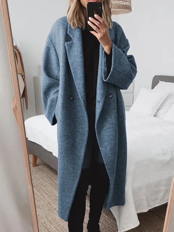 Women's Sleek Cotton-Style Long Coat with Easy Structured Fit - Blue