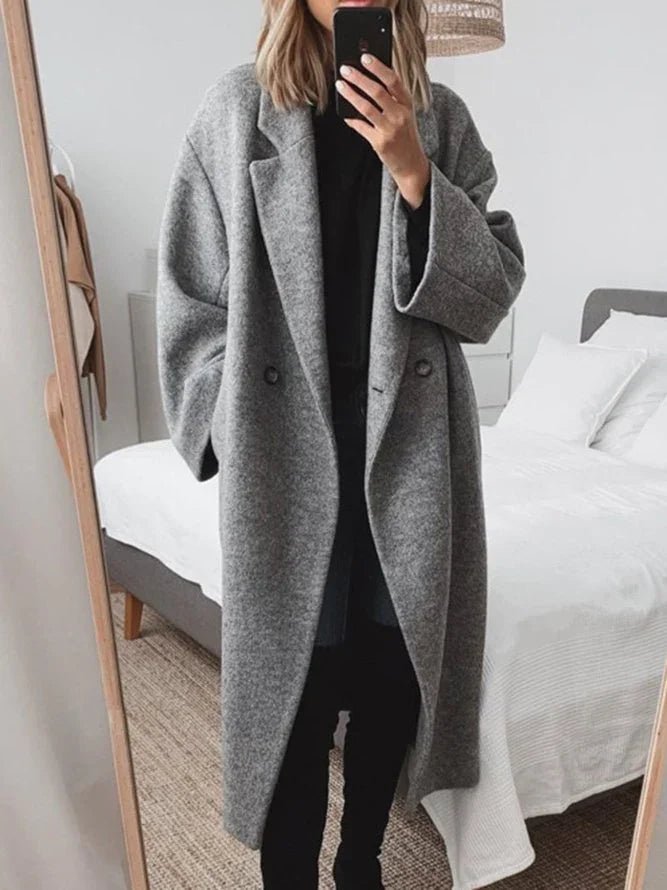 Women's Sleek Cotton-Style Long Coat with Easy Structured Fit - Grey