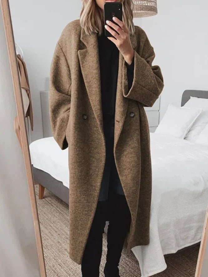 Women's Sleek Cotton-Style Long Coat with Easy Structured Fit - Brown