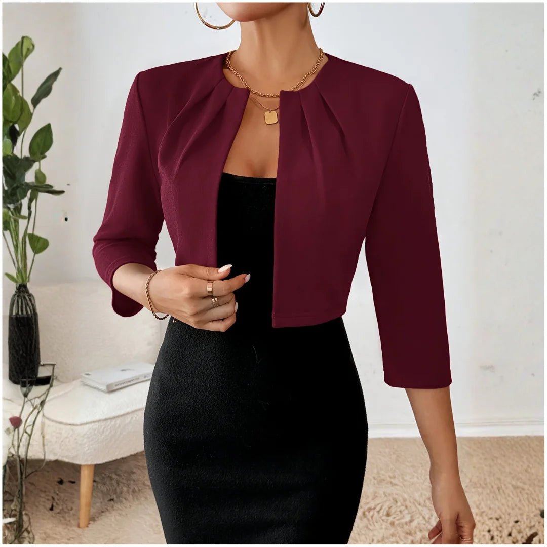 Women's Three-Quarter Sleeve Pleated Cropped Blazer - Burgundy