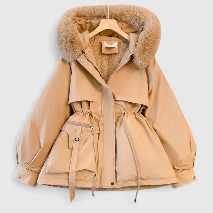 Women's Weather-Resistant Padded Parka with Drawn-In Waist - Khaki