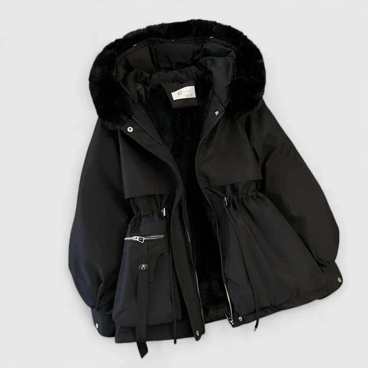 Women's Weather-Resistant Padded Parka with Drawn-In Waist - Black