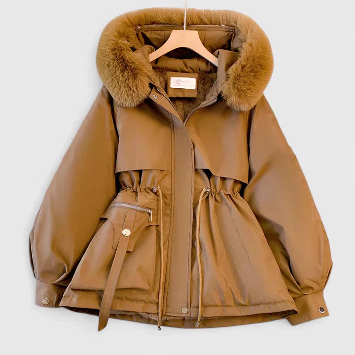 Women's Weather-Resistant Padded Parka with Drawn-In Waist - Brown