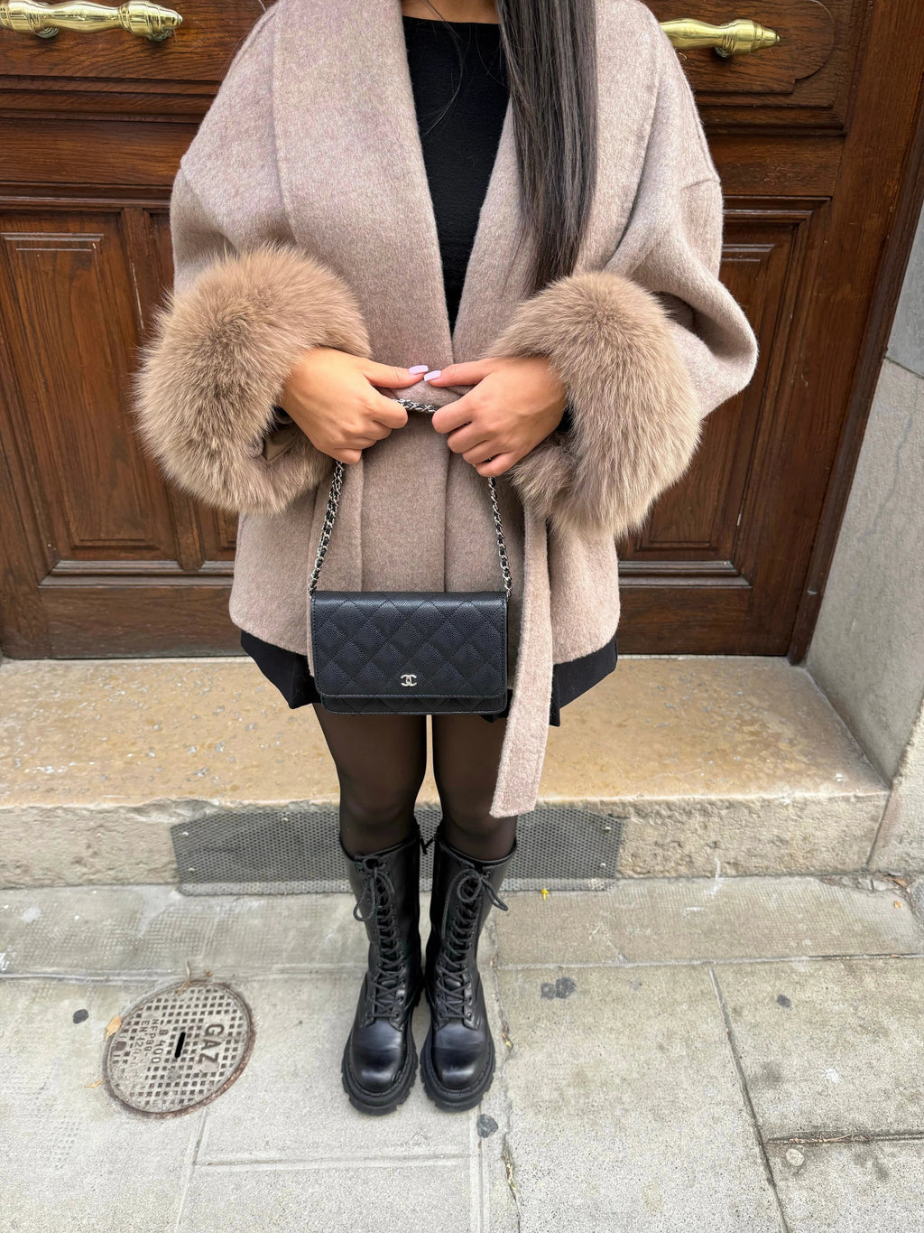 Women's Waist-Belted Smart Coat with Plush Faux Fur Wrist Trims - Brown