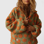 Women's Half-Zip Floral Borg Layer with Roomy Front Pouch