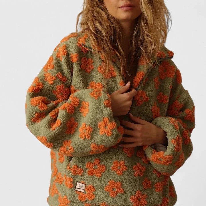Women's Half-Zip Floral Borg Layer with Roomy Front Pouch