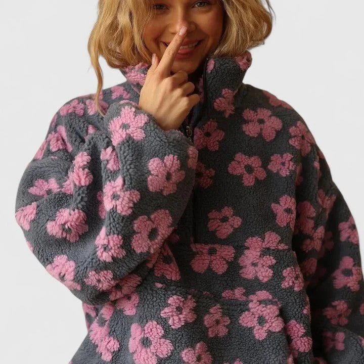 Women's Half-Zip Floral Borg Layer with Roomy Front Pouch