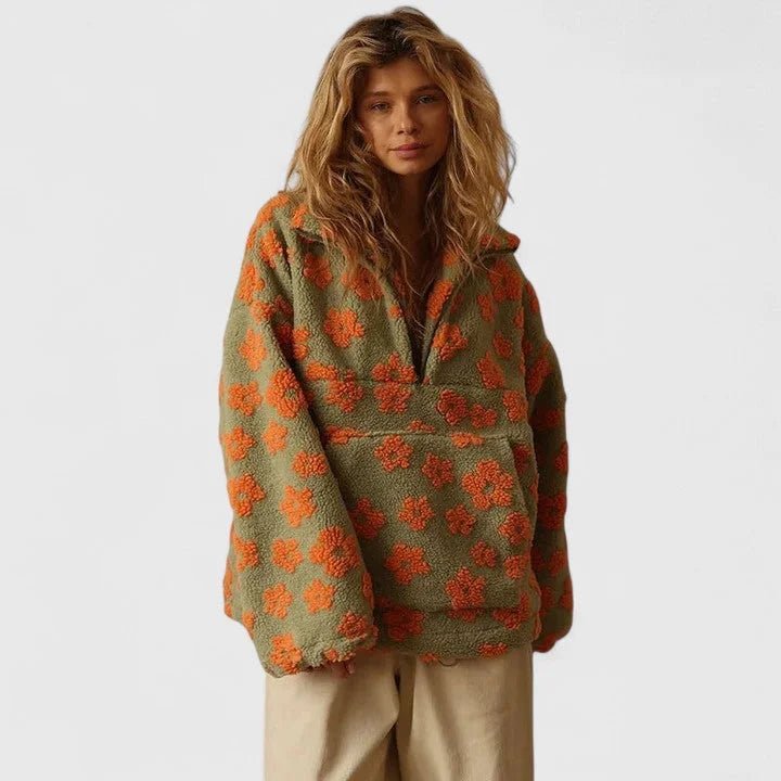 Women's Half-Zip Floral Borg Layer with Roomy Front Pouch - Orange
