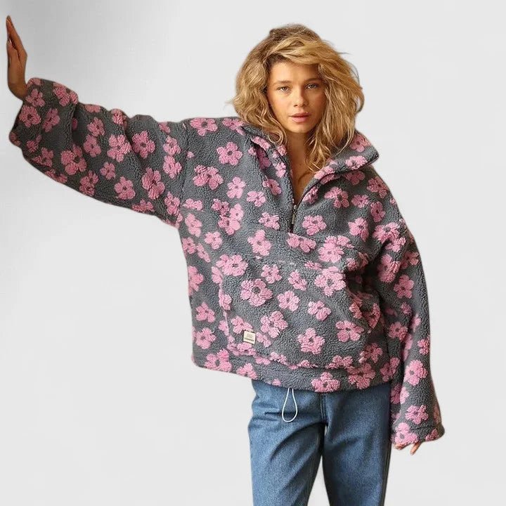 Women's Half-Zip Floral Borg Layer with Roomy Front Pouch - Pink