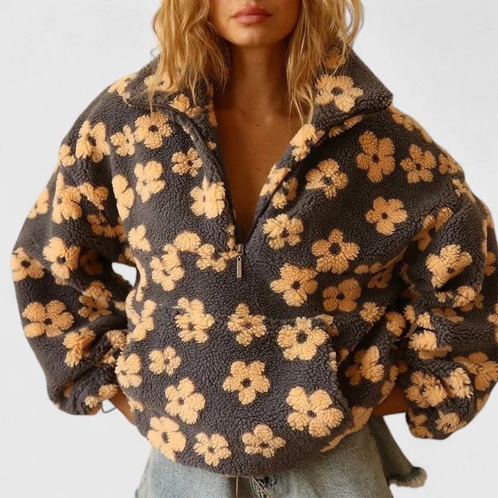 Women's Half-Zip Floral Borg Layer with Roomy Front Pouch - Yellow