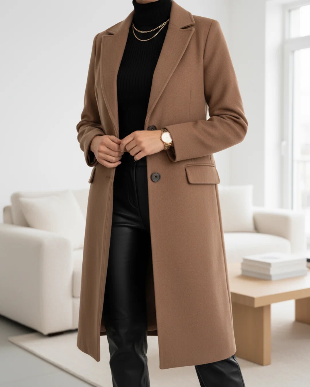 Women's Tailored Single-Row Button Coat with Nipped-In Waist - Brown